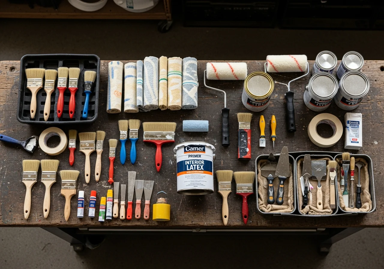 Professional painting tools and equipment arranged on a work surface, ready for interior and exterior projects.