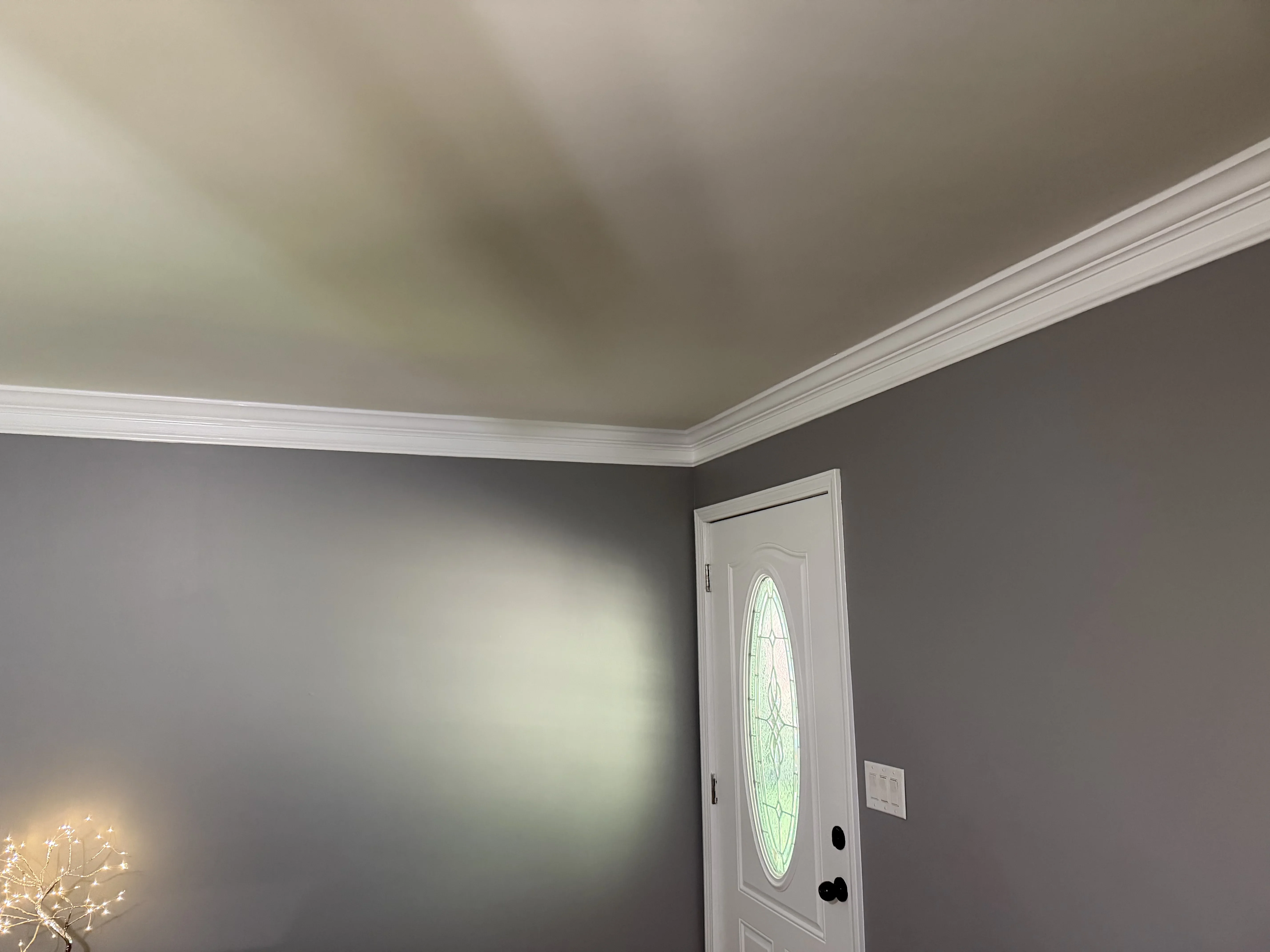 Gray painted walls with white crown molding and taupe ceiling in residential entryway
