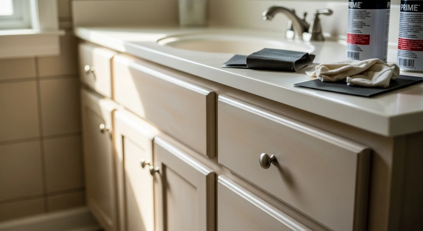 Refinished bathroom vanity cabinets with a smooth, even finish in a residential bathroom in Charlotte, North Carolina. Close-up shows clean cabinet doors and drawer fronts after professional refinishing by Keel Line Painting & Coatings.