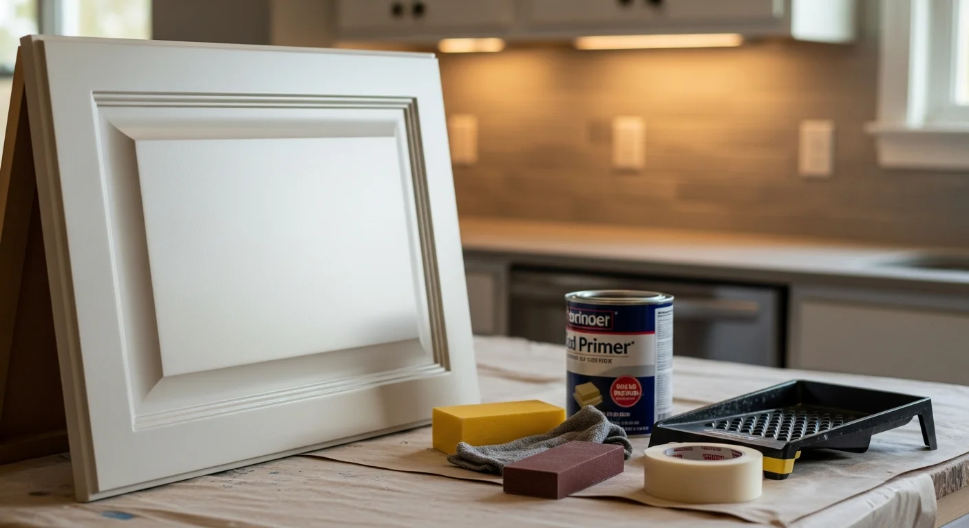 Freshly refinished white kitchen cabinets in a Charlotte, North Carolina home, showing smooth, even paint on cabinet doors, drawer fronts, and frames. The finish covers a dated wood-tone surface in a single-family home typical of Mecklenburg County neighborhoods.