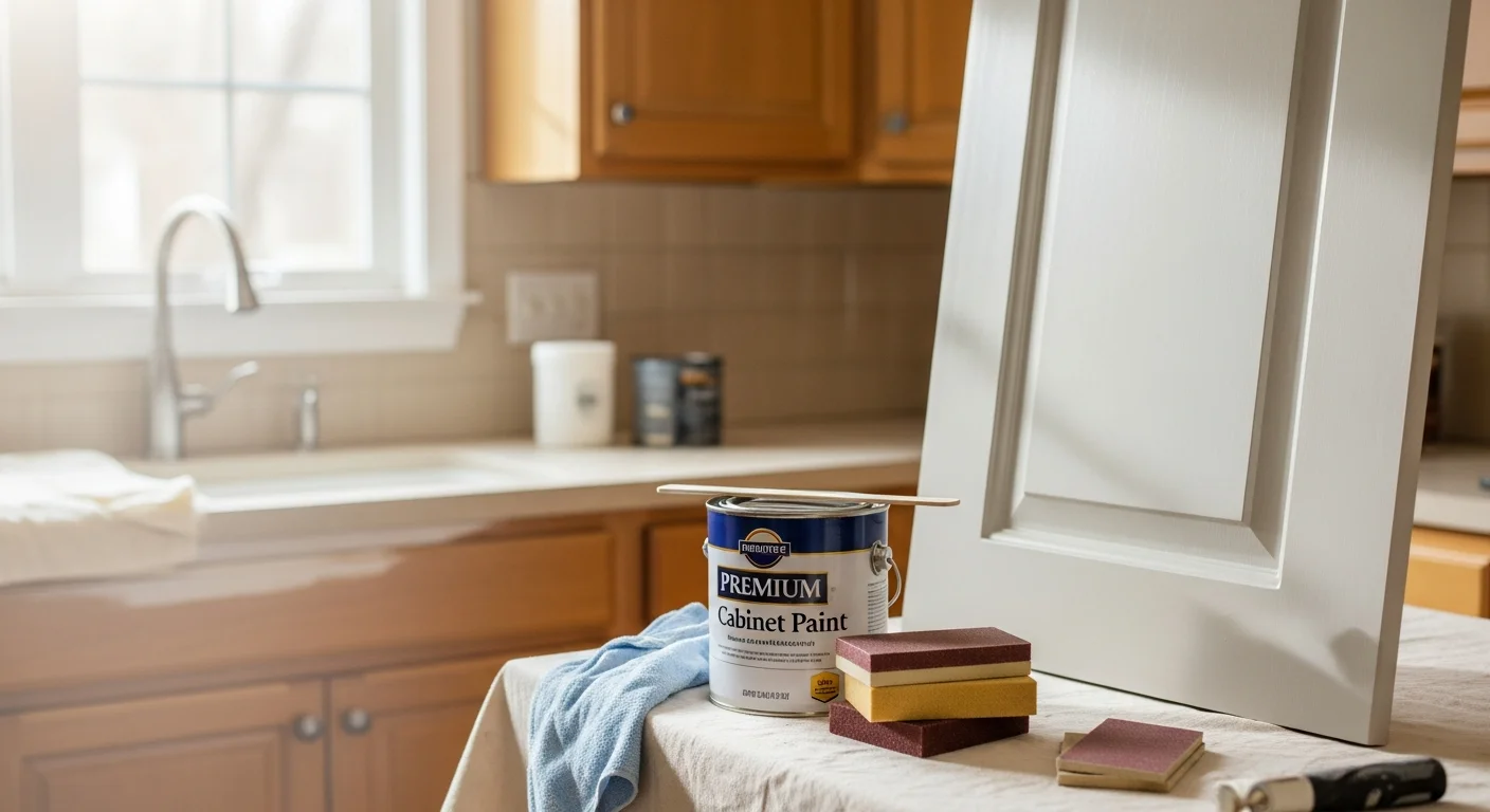 Restored kitchen cabinets in a Mecklenburg County home showing clean, smooth painted surfaces on wood cabinet doors and drawer fronts. Close-up view of the finished coating on upper and lower cabinets in a Charlotte-area kitchen.