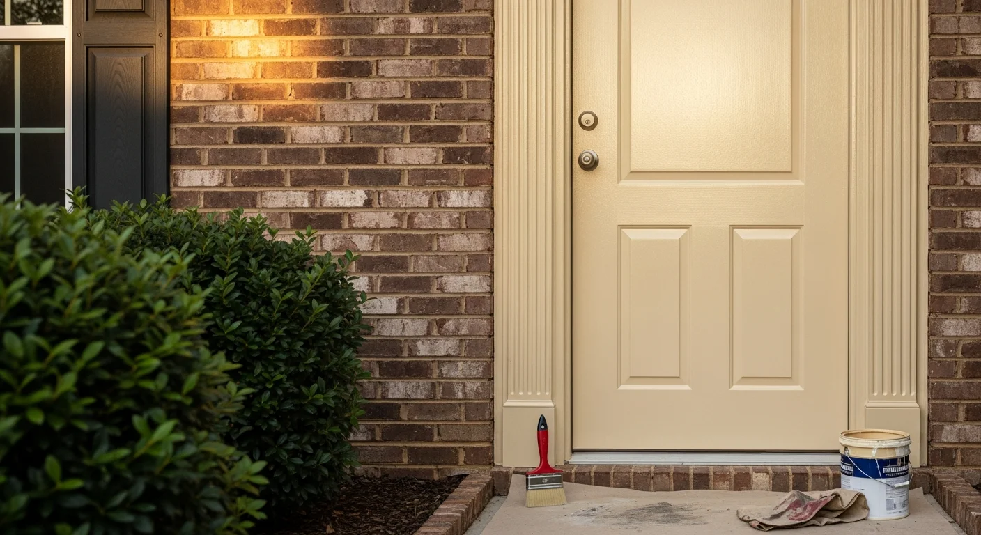 A freshly painted deep navy front door on a two-story home in a Mecklenburg County neighborhood, showing a smooth, even finish with clean edges around the frame and trim. The painted door contrasts with light-colored brick siding typical of Charlotte-area residential homes.
