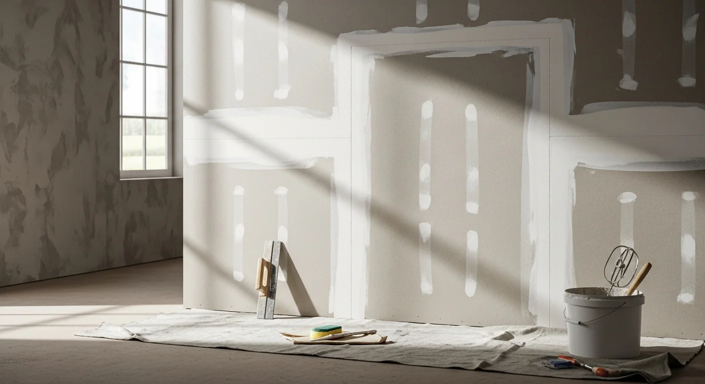 A freshly patched and skim-coated interior wall in a Mecklenburg County home, showing a smooth, paint-ready surface with no visible seams or texture variation. The repair area blends evenly with the surrounding drywall in a residential living room.