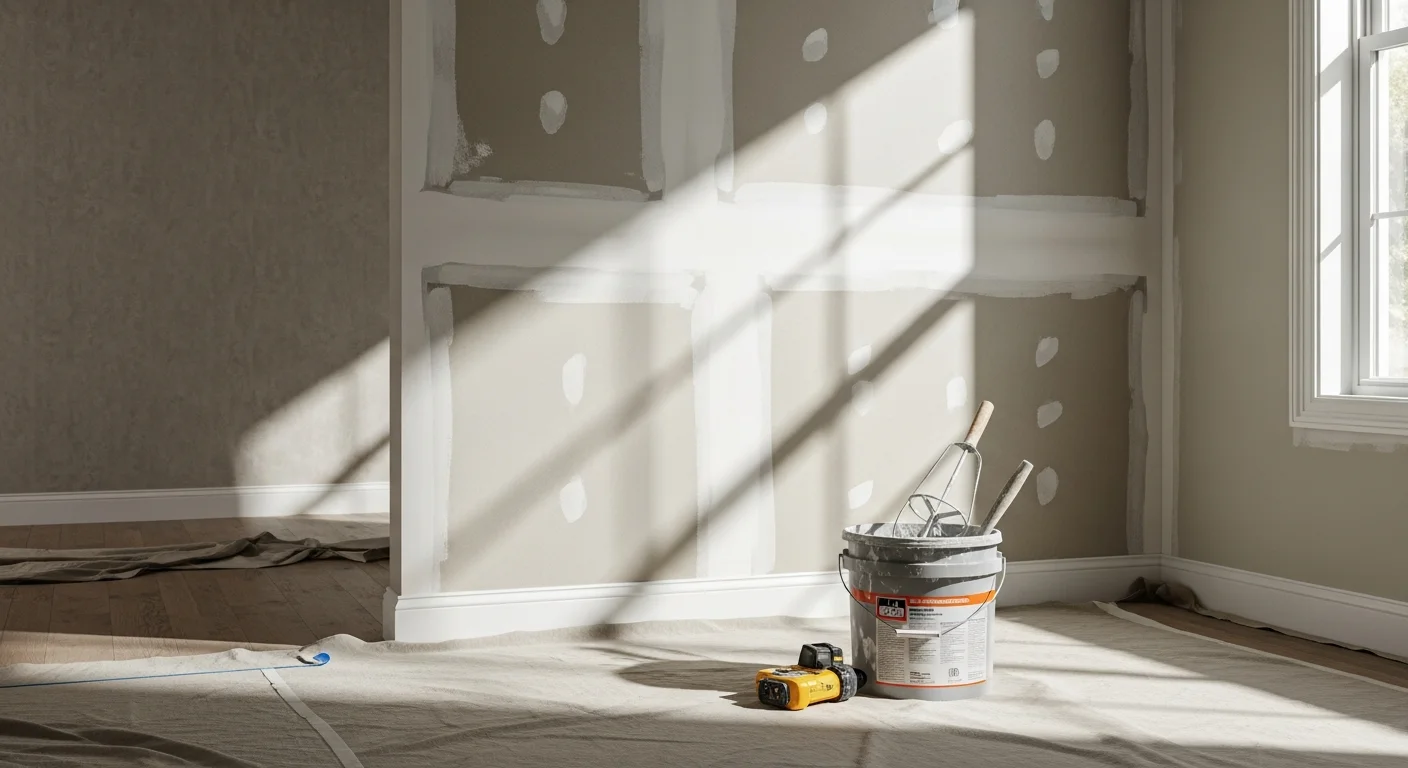A freshly patched and textured interior wall in a Charlotte, North Carolina home, showing a smooth, paint-ready surface after drywall repair. The repaired area blends evenly with the surrounding wall texture in a residential living room.
