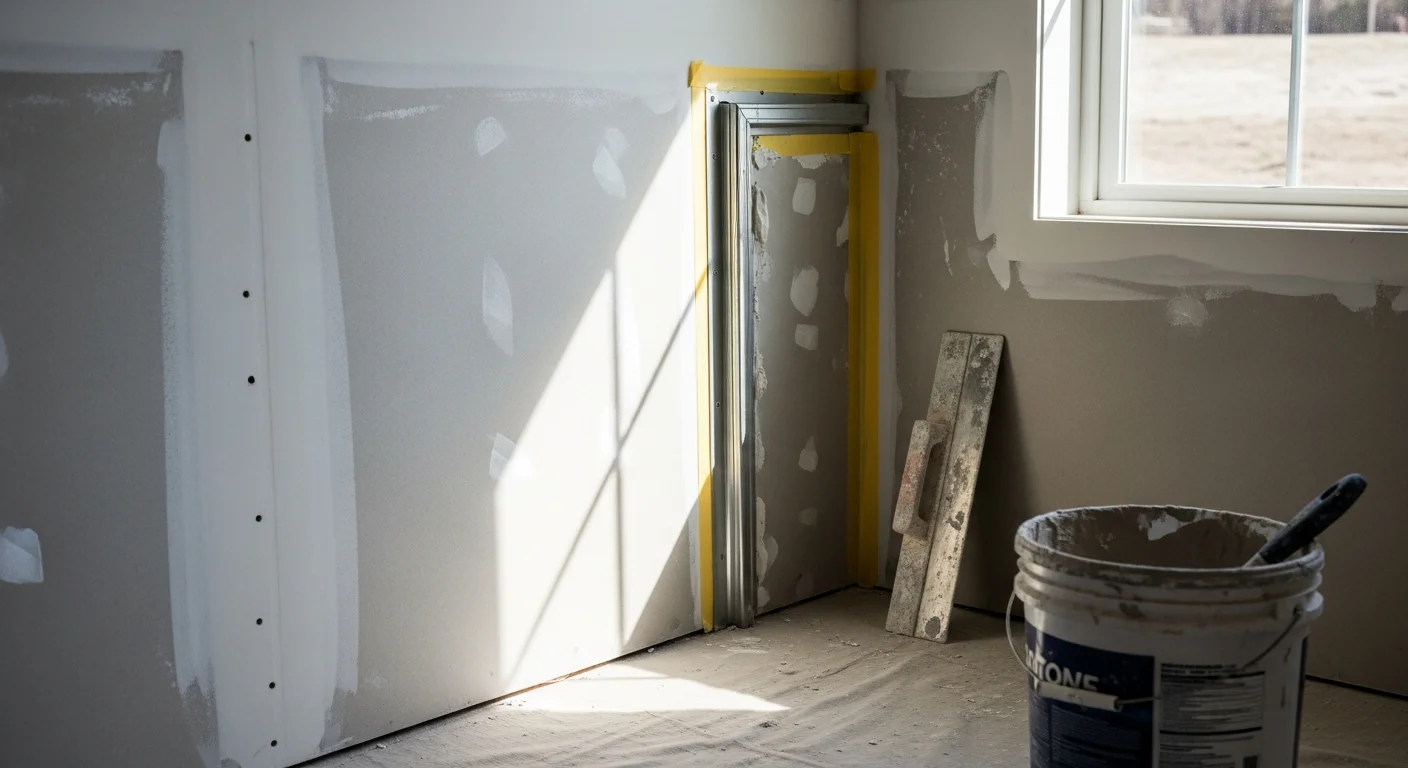 A freshly taped and mudded drywall wall inside a residential home in Charlotte, North Carolina, showing smooth, seam-free surfaces ready for primer and paint. Corner bead and flat joints are fully finished with no visible tape lines or ridges.