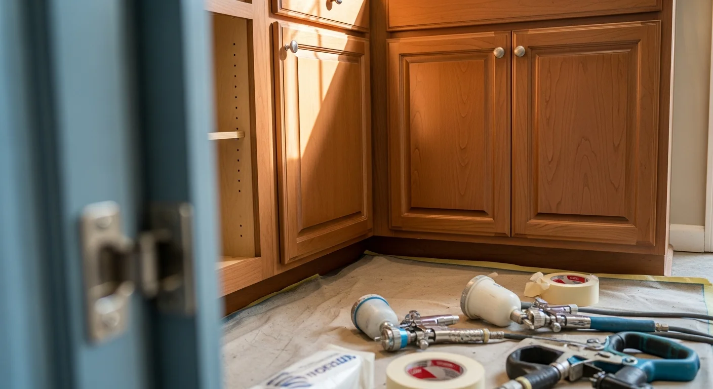 Freshly finished white kitchen cabinets with a smooth sprayed topcoat in a Mecklenburg County home. Cabinet doors and drawer fronts show an even, clean surface with no brush marks or worn edges.