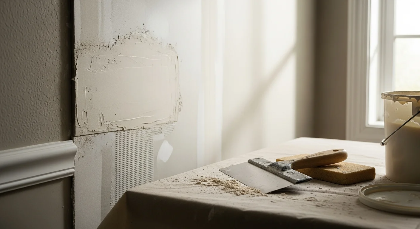 A freshly repaired interior wall in a Charlotte, North Carolina home showing a smooth, texture-matched surface ready for paint. The patched area near a door frame blends seamlessly with the surrounding drywall after professional wall damage repair.