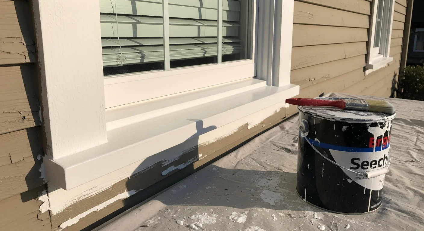 Freshly painted white exterior window frames and casings on a two-story residential home in Charlotte, North Carolina. Close-up view shows clean brush lines, smooth finish coat, and tight caulking along the frame edges.
